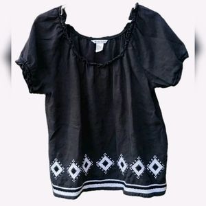 Boho Peasant Top in Black & White and Embroidered by Alexandra Bartlett